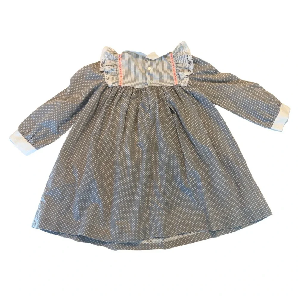 Nannette Girls Apron Dress Lace Gray Polka Dot 18–24 Months? Vintage